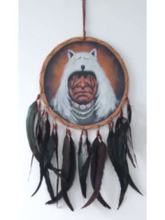Handbemalter indianischer Traumfänger mit weißem Wolfskopf. 26x54 ca.