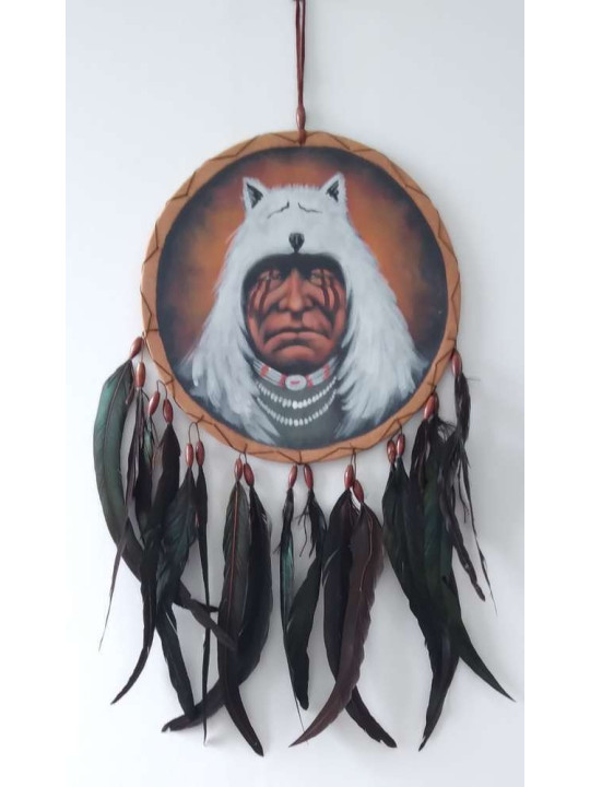 Handbemalter indianischer Traumfänger mit weißem Wolfskopf. 26x54 ca.