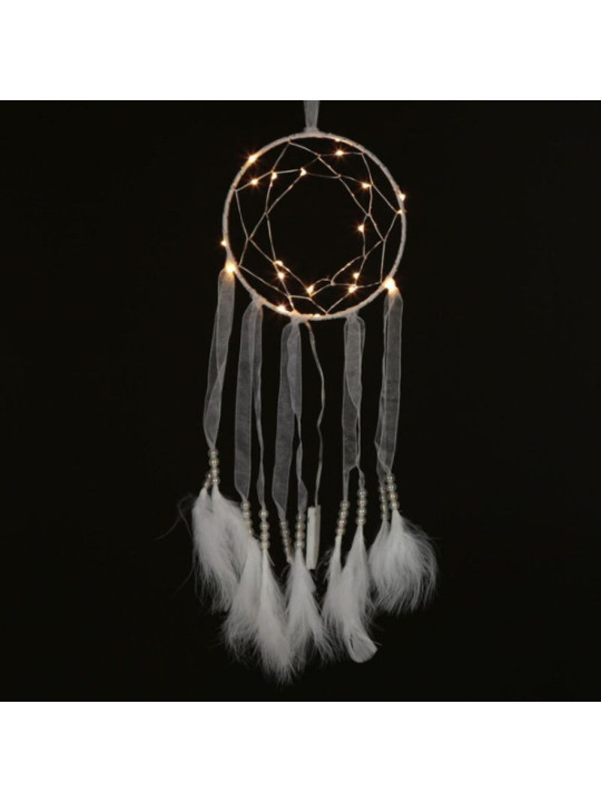 Weißer Traumfänger mit Stoffstreifen und Led-Licht. Durchmesser 15 cm