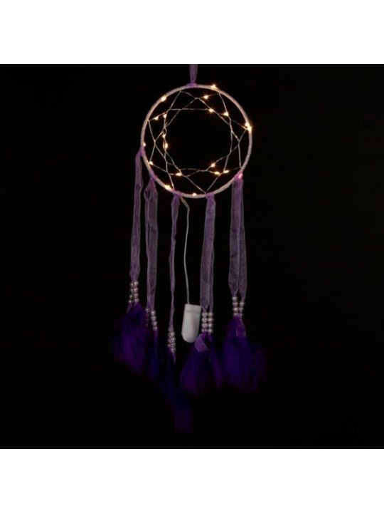 Lila Traumfänger mit Stoffstreifen mit Led-Licht. Durchmesser 15 cm