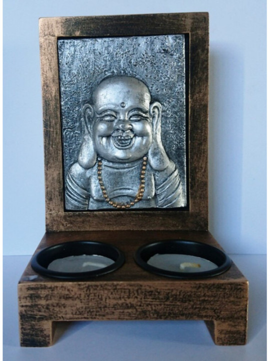 Kerzenständer aus Holz, Buddha aus Harz 10x16cm