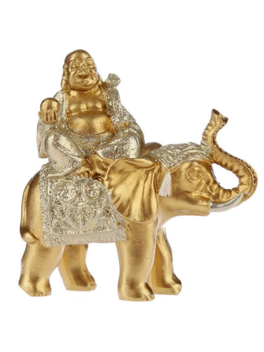 Glücksbuddha-Figur auf Elefant sitzend, graues Gewand. 8 cm hoch x 8 cm breit