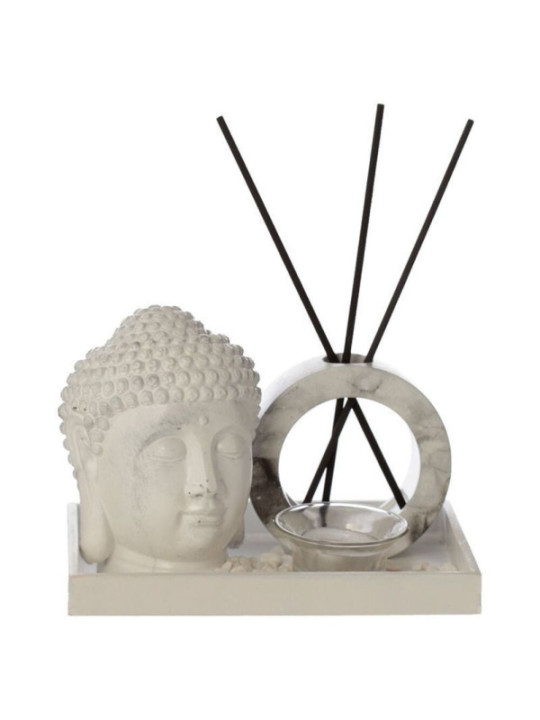 Schilfrohr-Diffusor und Kerzenständer, Buddha-Kopf mit Marmor-Effekt