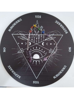 Mineralisches Pendel + schwarzes Holzbrett mit Schildern, ca. 27,2 cm Durchmesser