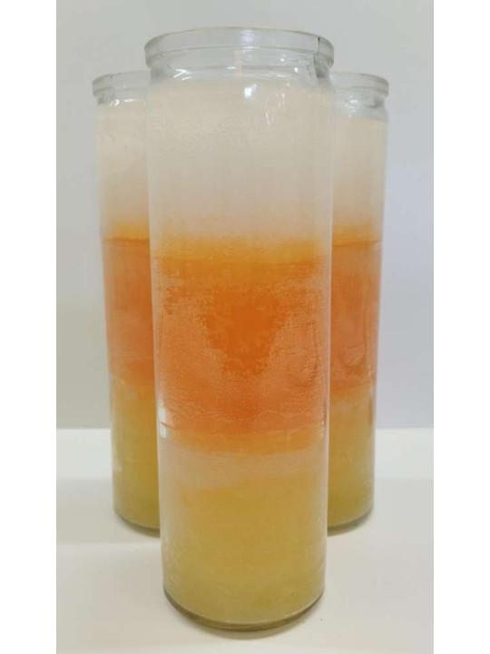 Echter Esoterik-Kerze gelb-orange-weiß in einer dicken Glasvase