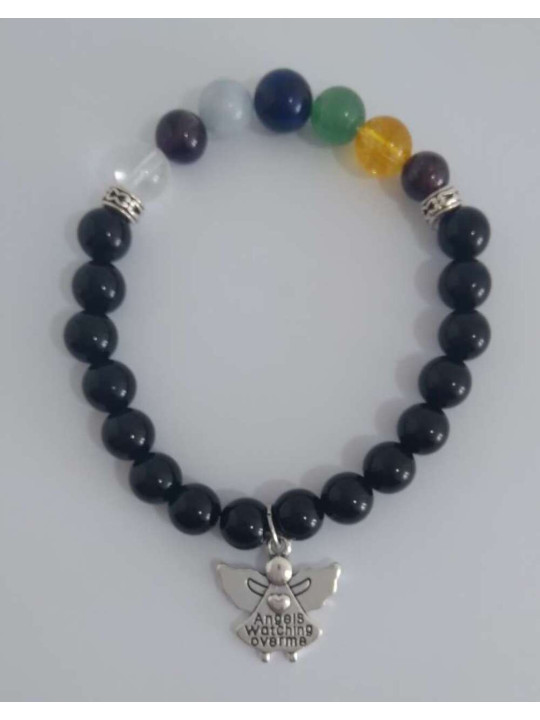 Kunsthandwerkliches Armband der Bestimmung, schwarzer Obsidian mit Engel. Schutz gegen Negativität