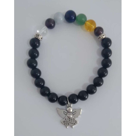 Kunsthandwerkliches Armband der Bestimmung, schwarzer Obsidian mit Engel. Schutz gegen Negativität
