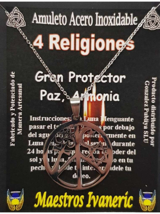 Handgefertigter Edelstahl-Talisman 3,2 cm, 4 Religionen, Frieden, Harmonie, großer Schutz