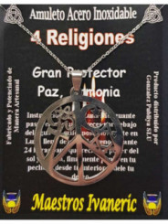 Handgefertigter Edelstahl Talisman 3,9 cm, 4 Religionen, Frieden, Harmonie, Großer Schutz