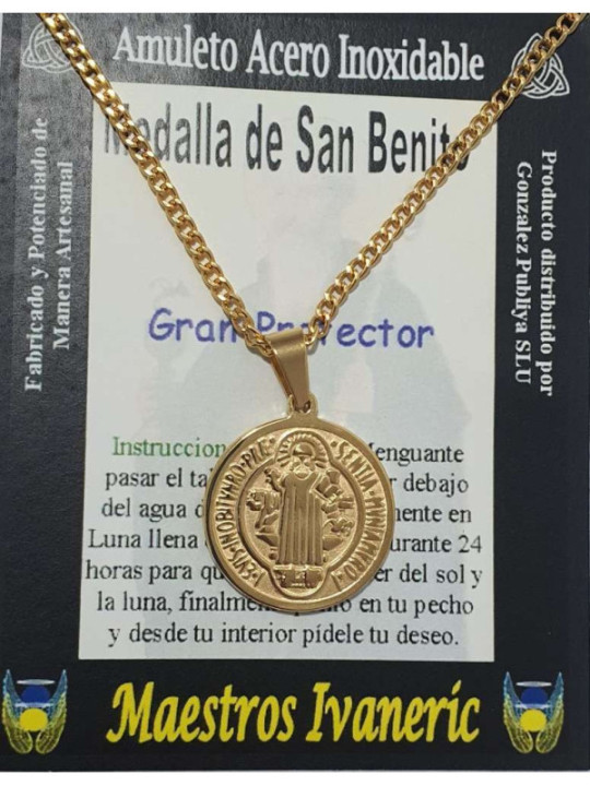 Großer handgefertigter Talisman aus goldenem Edelstahl, Heiliger Benedikt, Großer Beschützer