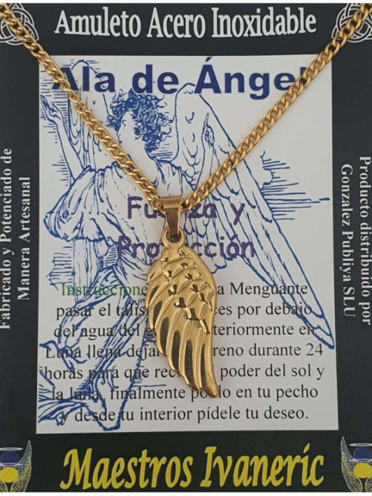 Goldener handgefertigter Engelsflügel-Talisman aus Edelstahl. Stärke und Schutz.