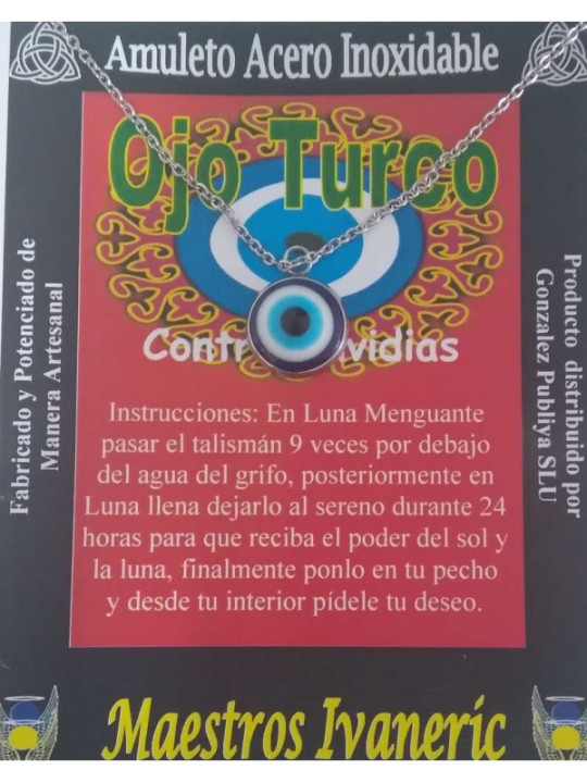 Handgefertigter Talisman Türkisches Auge in Edelstahlsockel, Gegen Neid