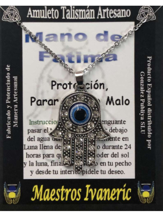 Handgefertigter Talisman Hand der Fatima mit Türkischem Auge und Quarz